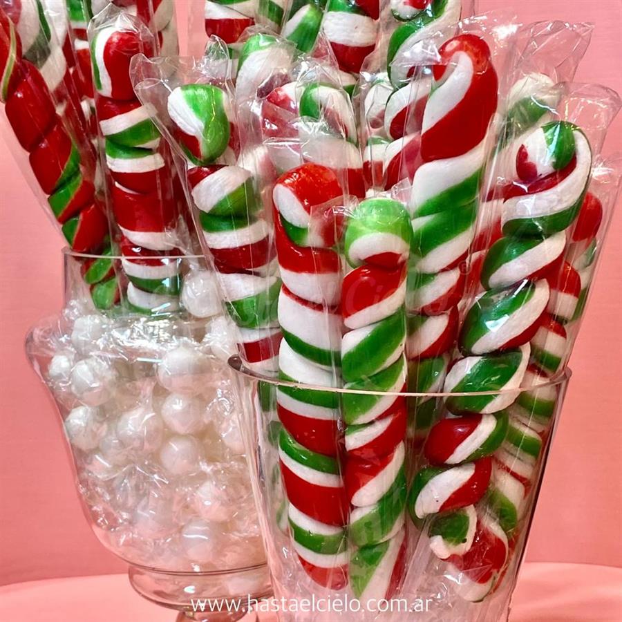 PIRULINES DE CARAMELO ROJO, VERDE Y BLANCO.