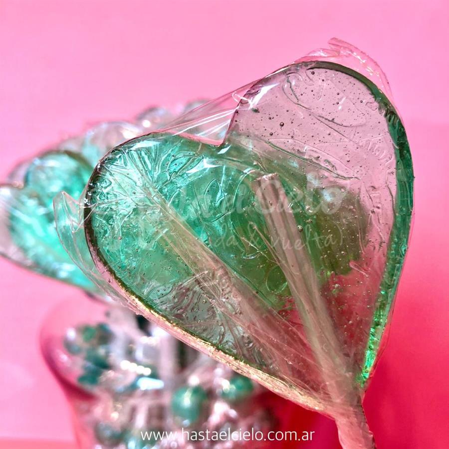 PALETAS DE CARAMELO CORAZON 6CM AGUAMARINA TRANSLUCIDO