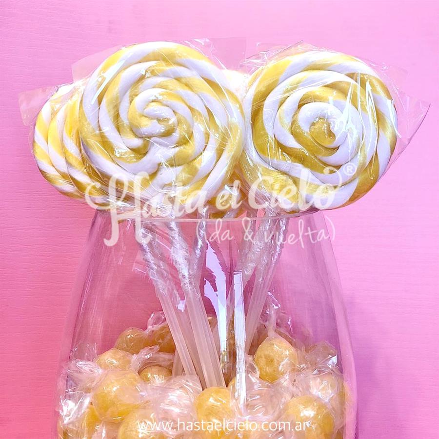 PALETAS DE CARAMELO 6CM AMARILLO Y BLANCO.