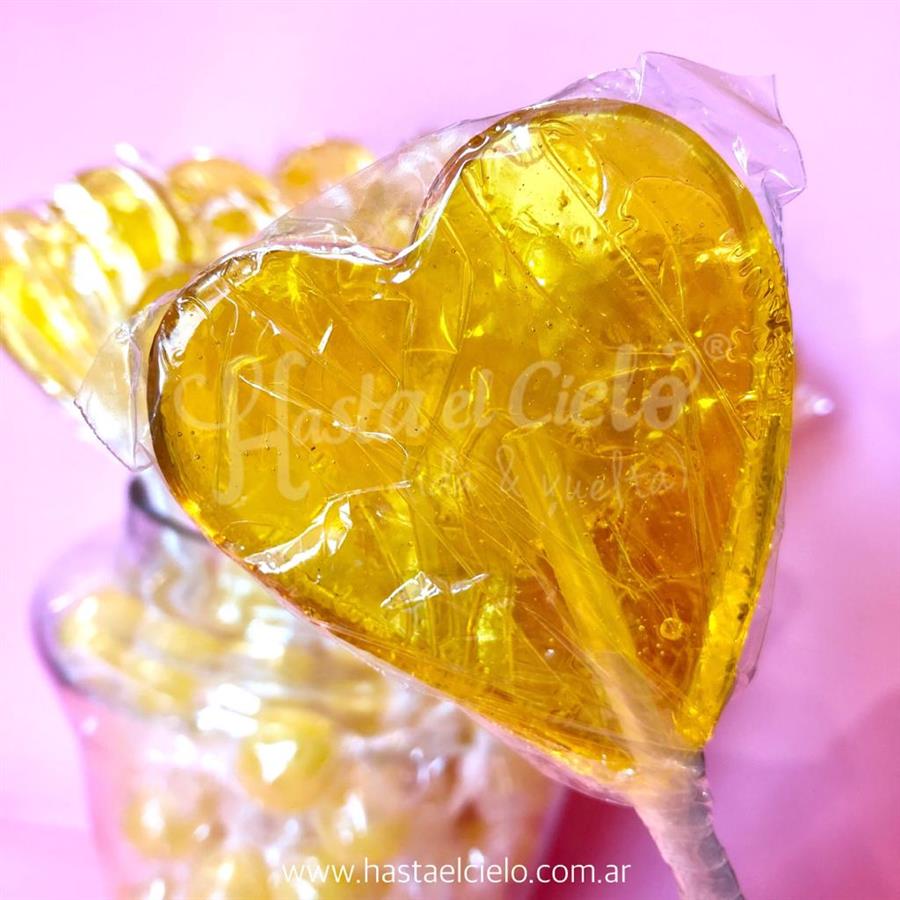 PALETAS DE CARAMELO CORAZON 6CM AMARILLO TRANSLUCIDO