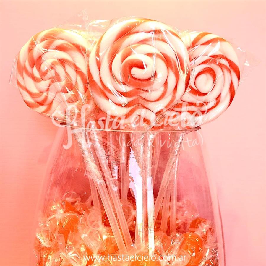 PALETAS DE CARAMELO 6CM NARANJA Y BLANCO.