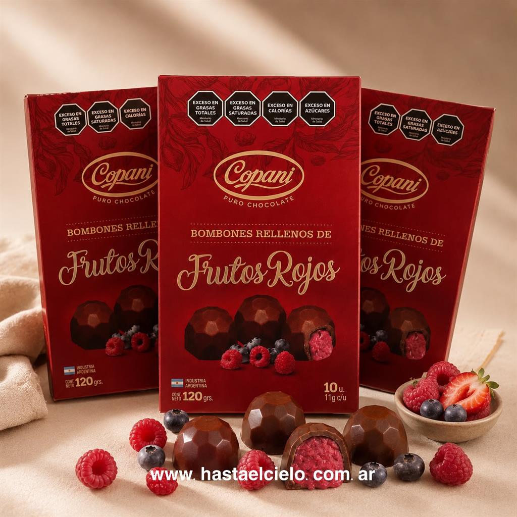 CAJA BOMBON DE CHOCOLATE FRUTOS ROJOS 10 UNIDADES 120GR.