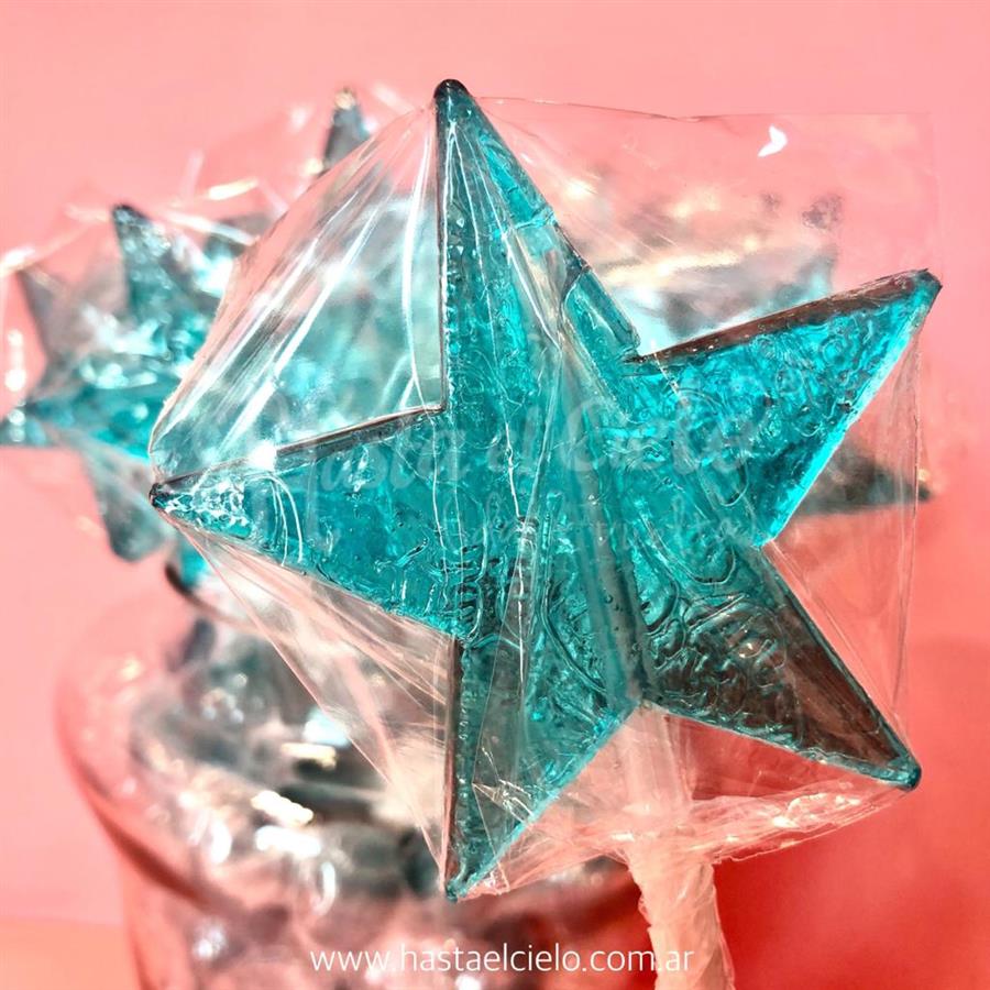 PALETAS DE CARAMELO ESTRELLA 6CM CELESTE TRANSLUCIDO